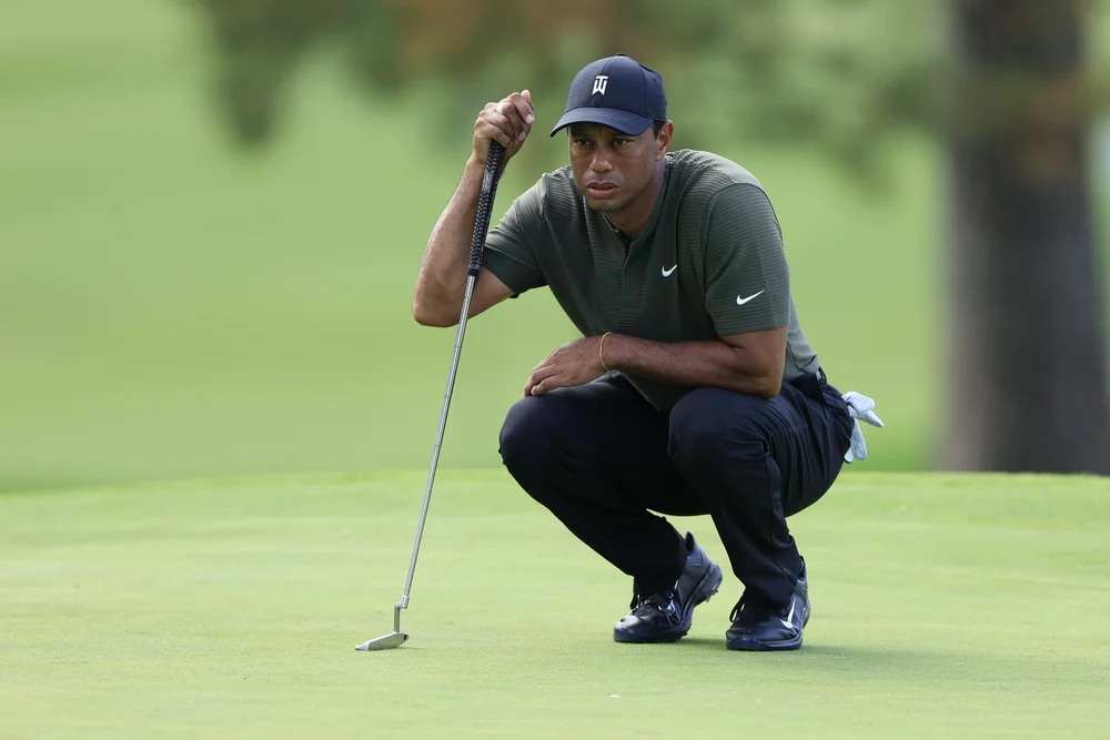 Masters champion Tiger Woods plays the No. 7 green during Round 1 of the Masters at Augusta National Golf Club, Thursday, November 12, 2020.
