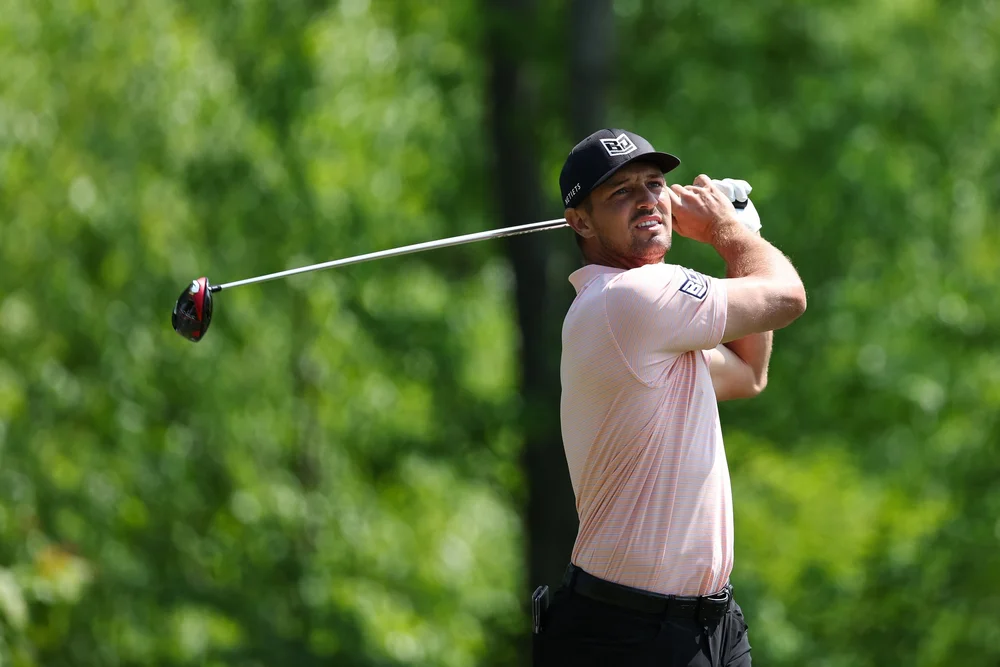 ROCHESTER, NY - MAY 18: Bryson DeChambeau hits his tee shot on the fourth hole during the first round of the PGA Championship at Oak Hill Country Club on Thursday, May 18, 2023 in Rochester, New York. (Photo by Scott Taetsch/PGA of America)