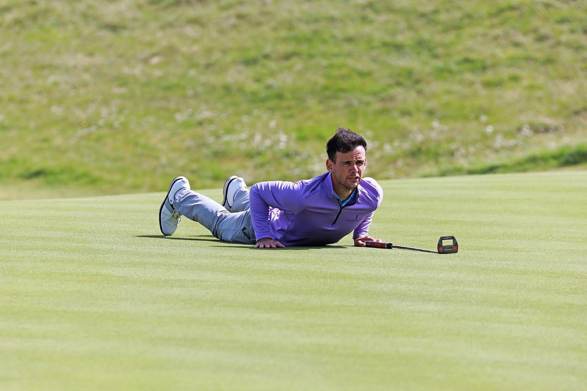  Paul Coughlan (Castleknock) checks his line during the quarter-finals of the Pierse Motors-sponsored South of Ireland Championship at Lahinch Golf Club. Picture: Niall O'Shea 