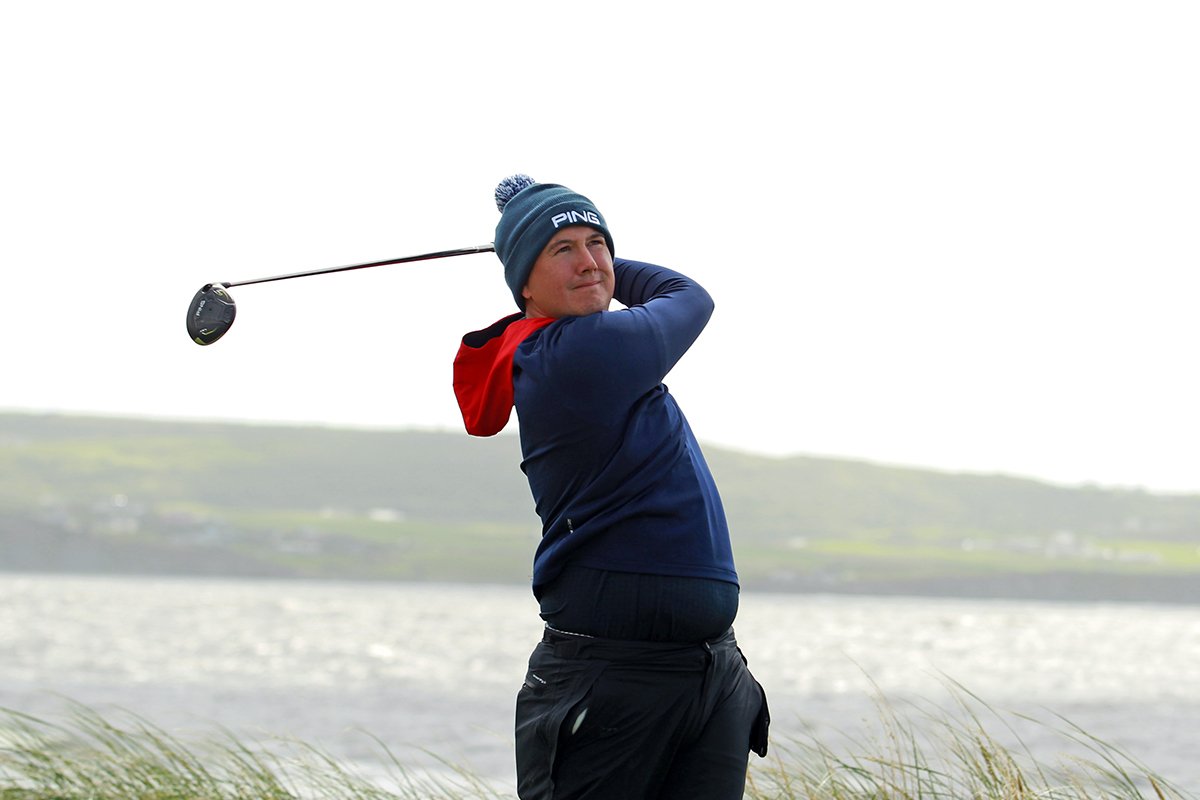  Colm Campbell (Warrenpoint) tees off during the quarter-finals of the Pierse Motors-sponsored South of Ireland Championship at Lahinch Golf Club. Picture: Niall O'Shea 