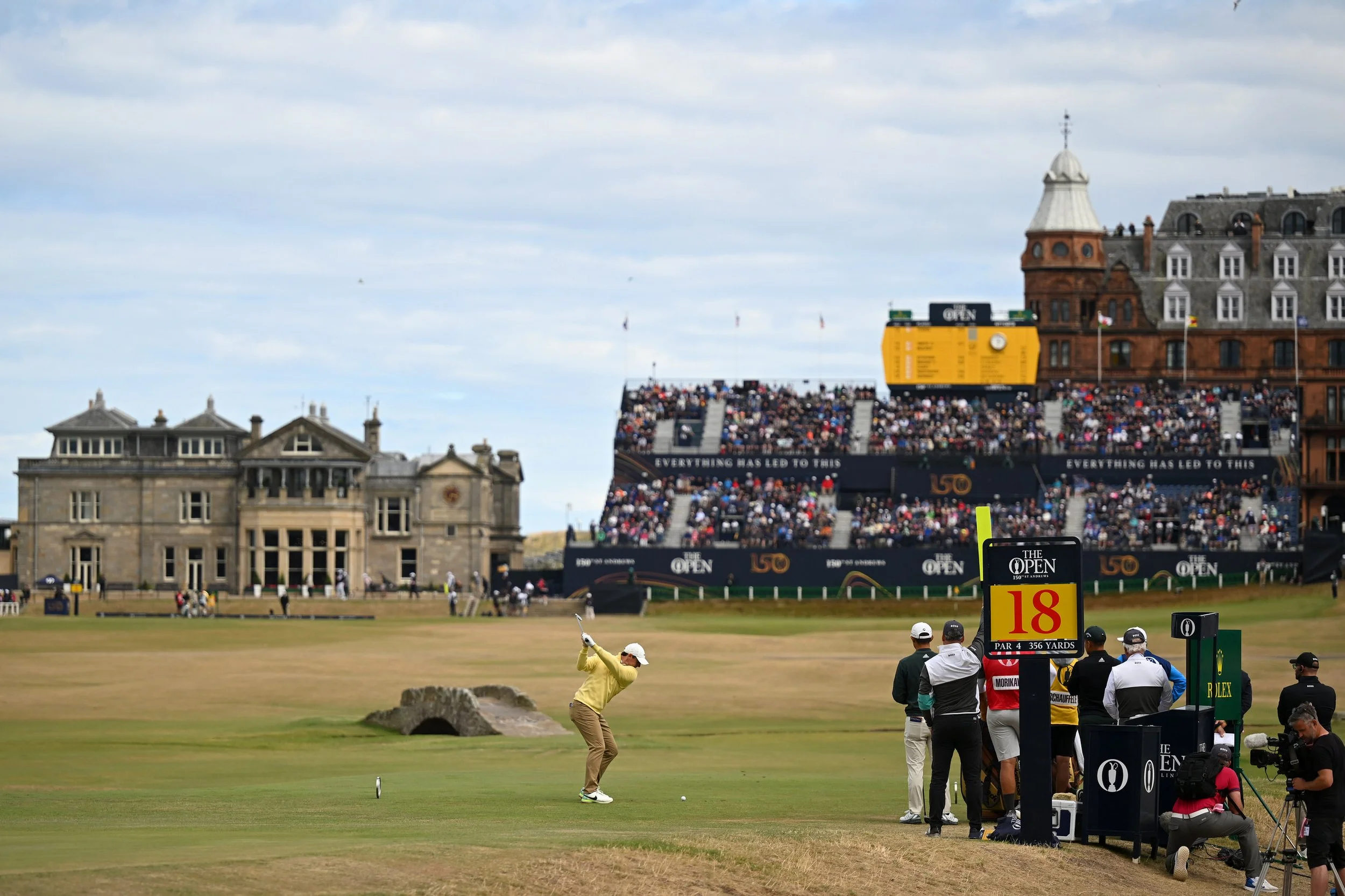 Rory McIlroy of Northern Ireland tees off on the 18th hole during Day One of The 150th Open at St Andrews Old Course on July 14, 2022 in St Andrews, Scotland. (Photo by Stuart Kerr/R&A/R&A via Getty Images)
