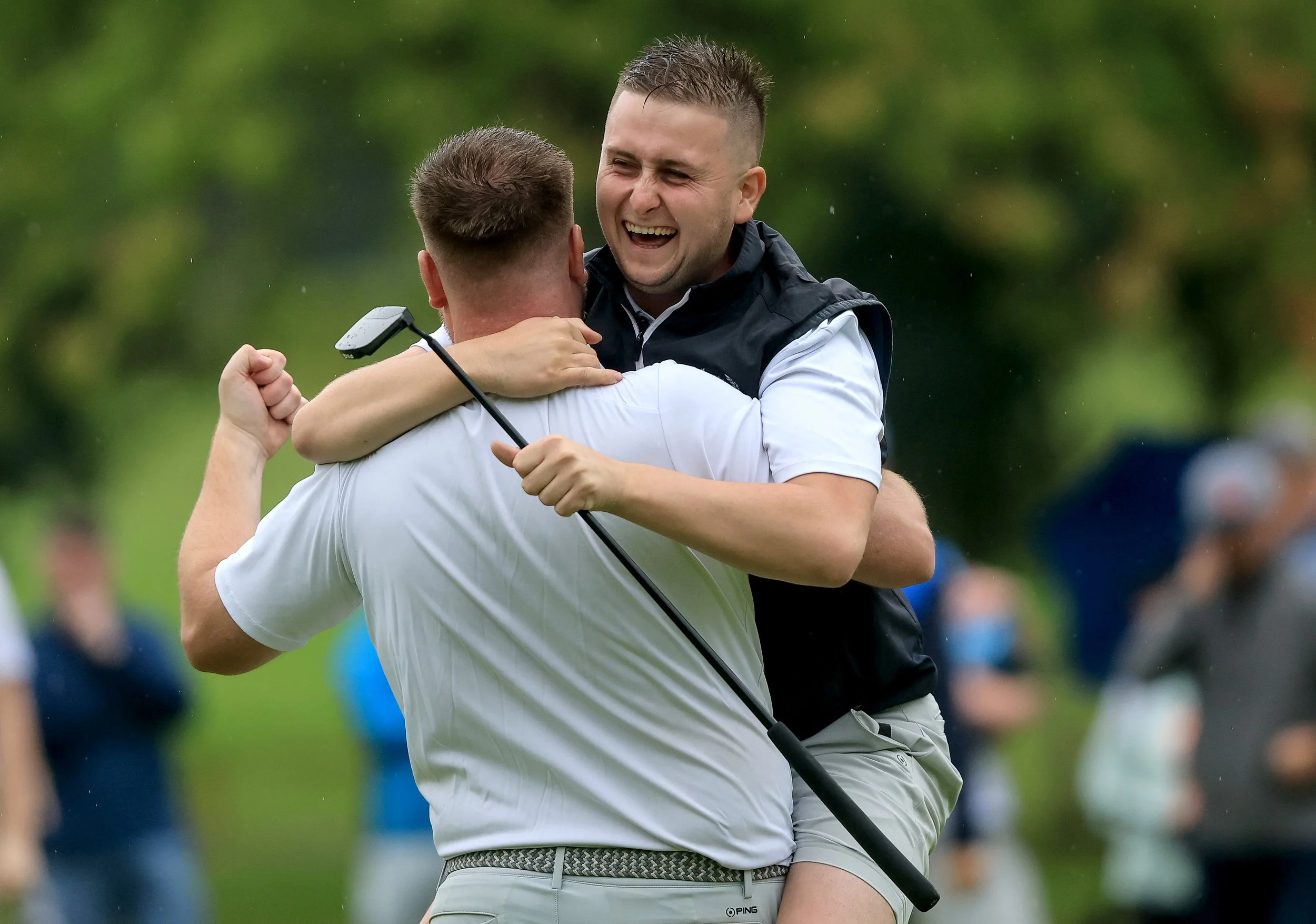 Rian Carvill celebrates winning on the 16th hole