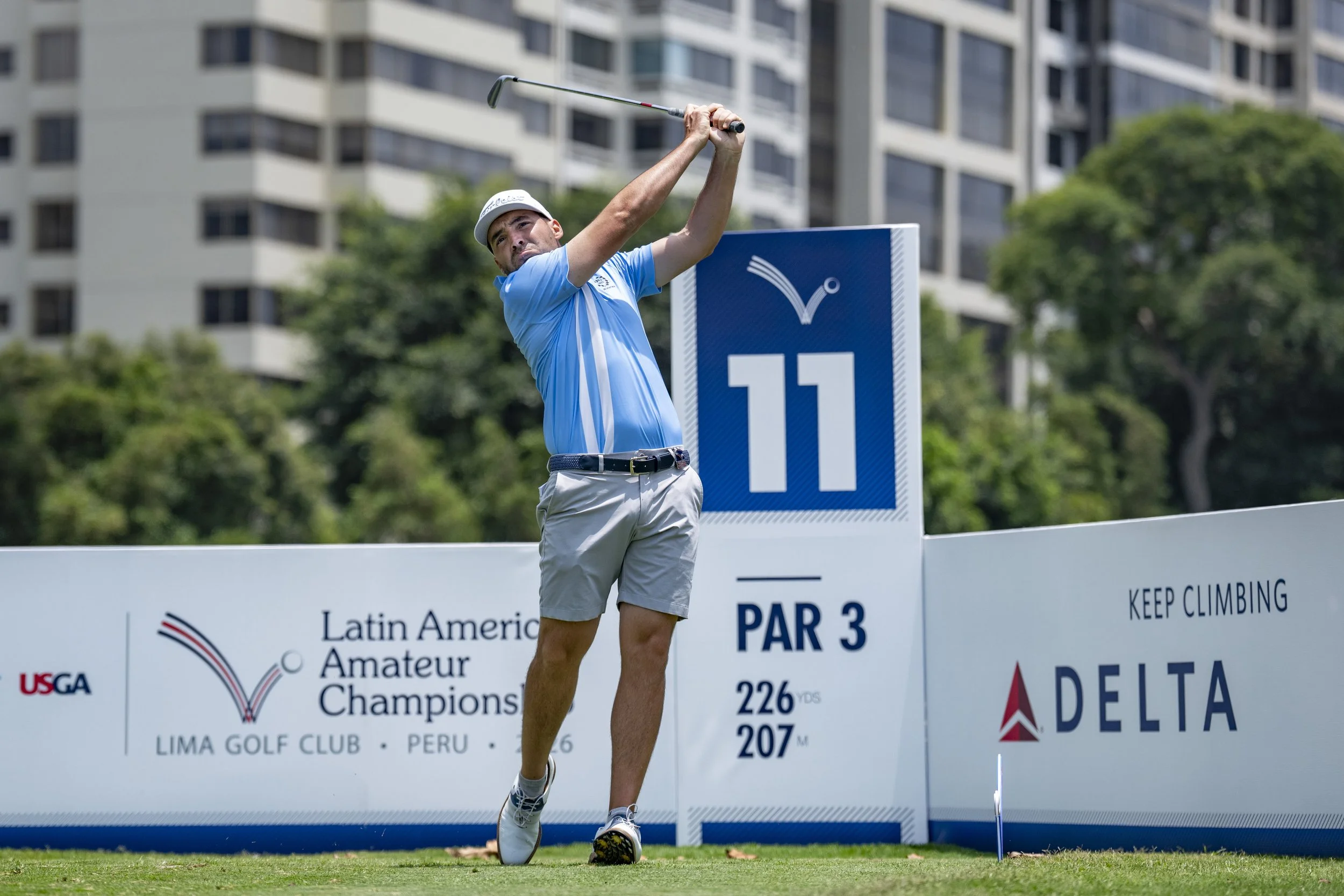 Andy Schonbaum took a two-stroke lead after 36 holes at the 2026 Latin America Amateur at Lima Golf Club. Photograph by LAAC.