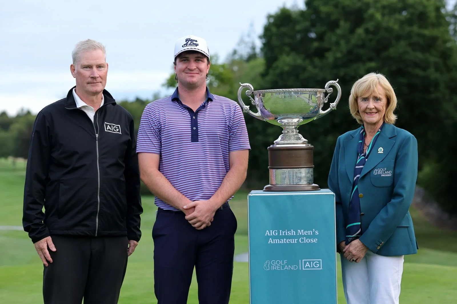 Aidan Connaughton (AIG), Thomas Higgins and Fiona Delargy (Golf Ireland) at Portumna. Photo: Bryan Keane / Inpho.