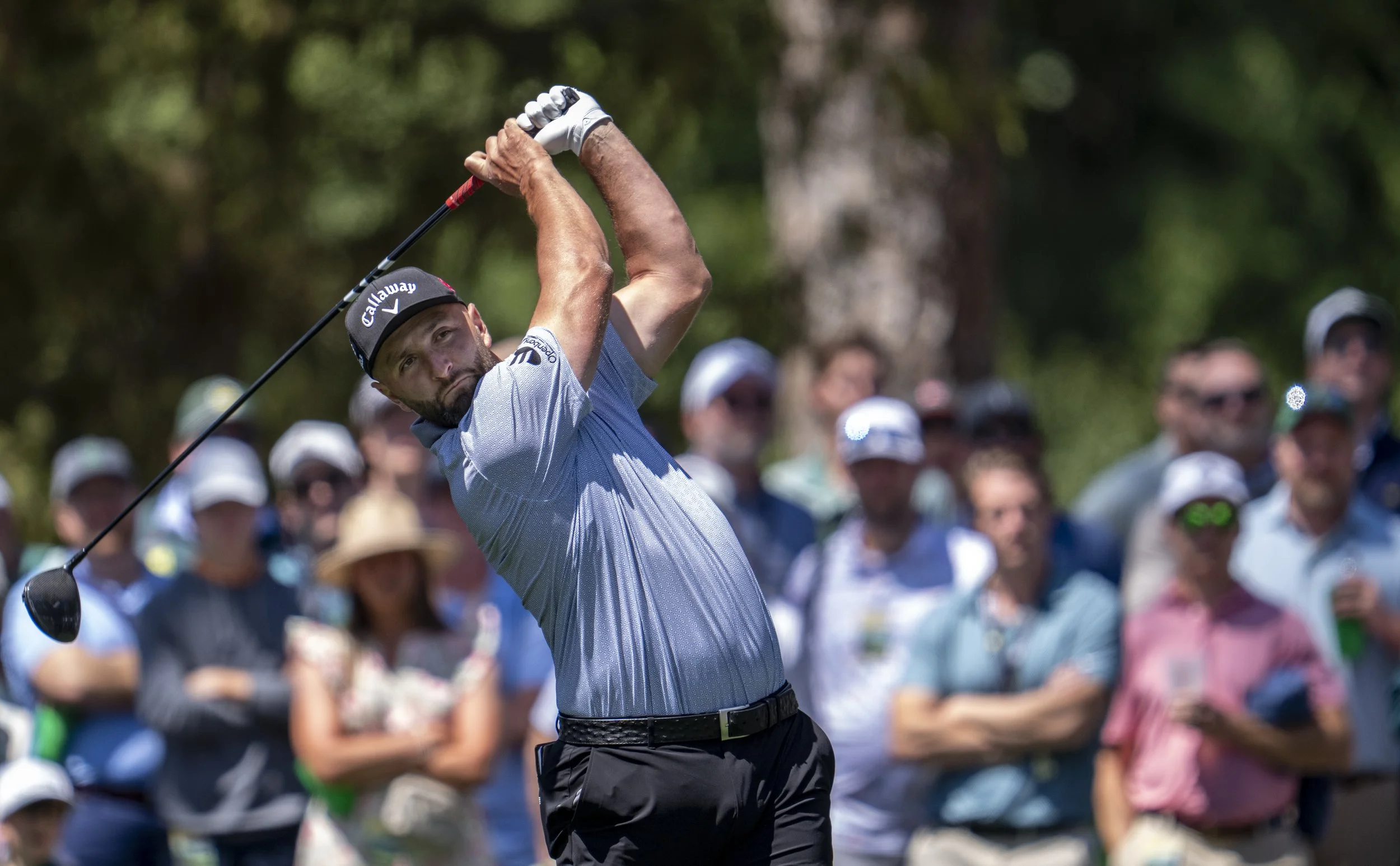 Masters champion Jon Rahm of Spain plays her stroke from the No. 17 tee during a practice round prior to the Masters at Augusta National Golf Club, Tuesday, April 07, 2026.