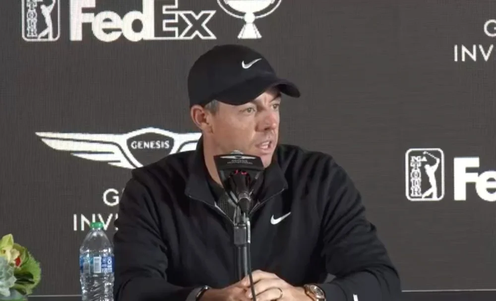 Rory McIlroy speaks to the media at Riviera Country Club on 16 February 2022