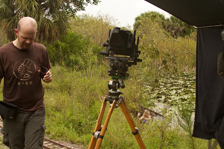 On location, posing talent for "Bleed for me Again", a 4x5 color infrared photograph.