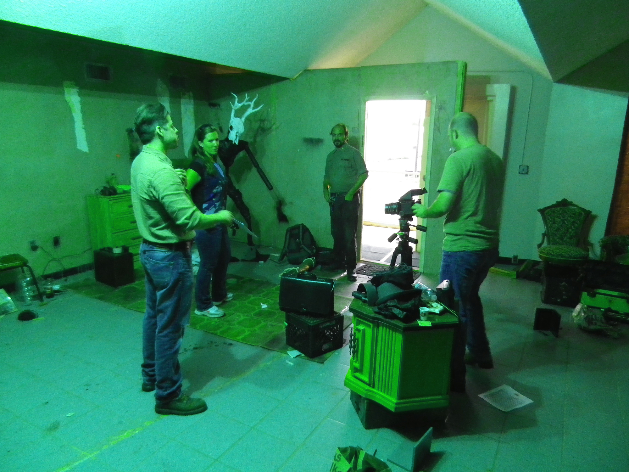 The empty and undressed set during a production meeting.