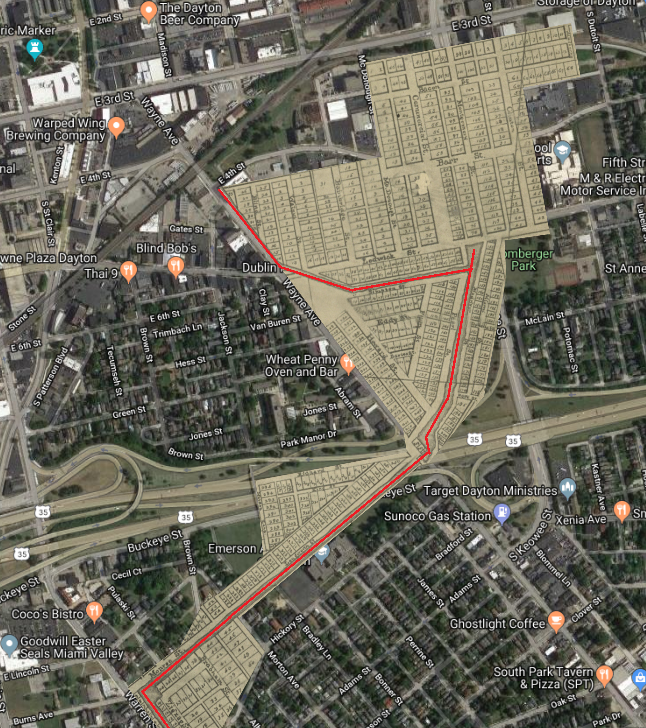 The land purchased by Seely overlaid today’s East Dayton. The Ditch is in red.
