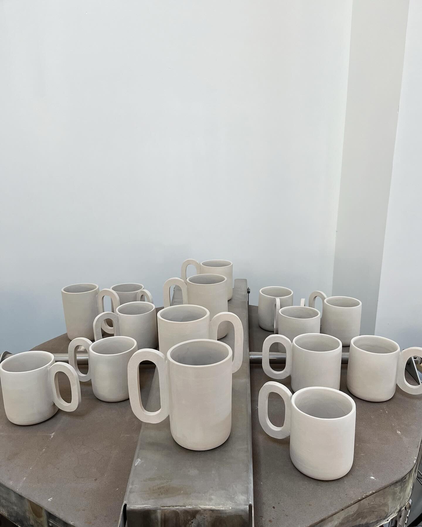 New Loop Mugs will debut at the studio sale Saturday! These will come in tall and short sizes and will be glazed in my signature forest green, cobalt and white. But I&rsquo;m holding a few back to glaze in some bright one-off colors exclusively for t