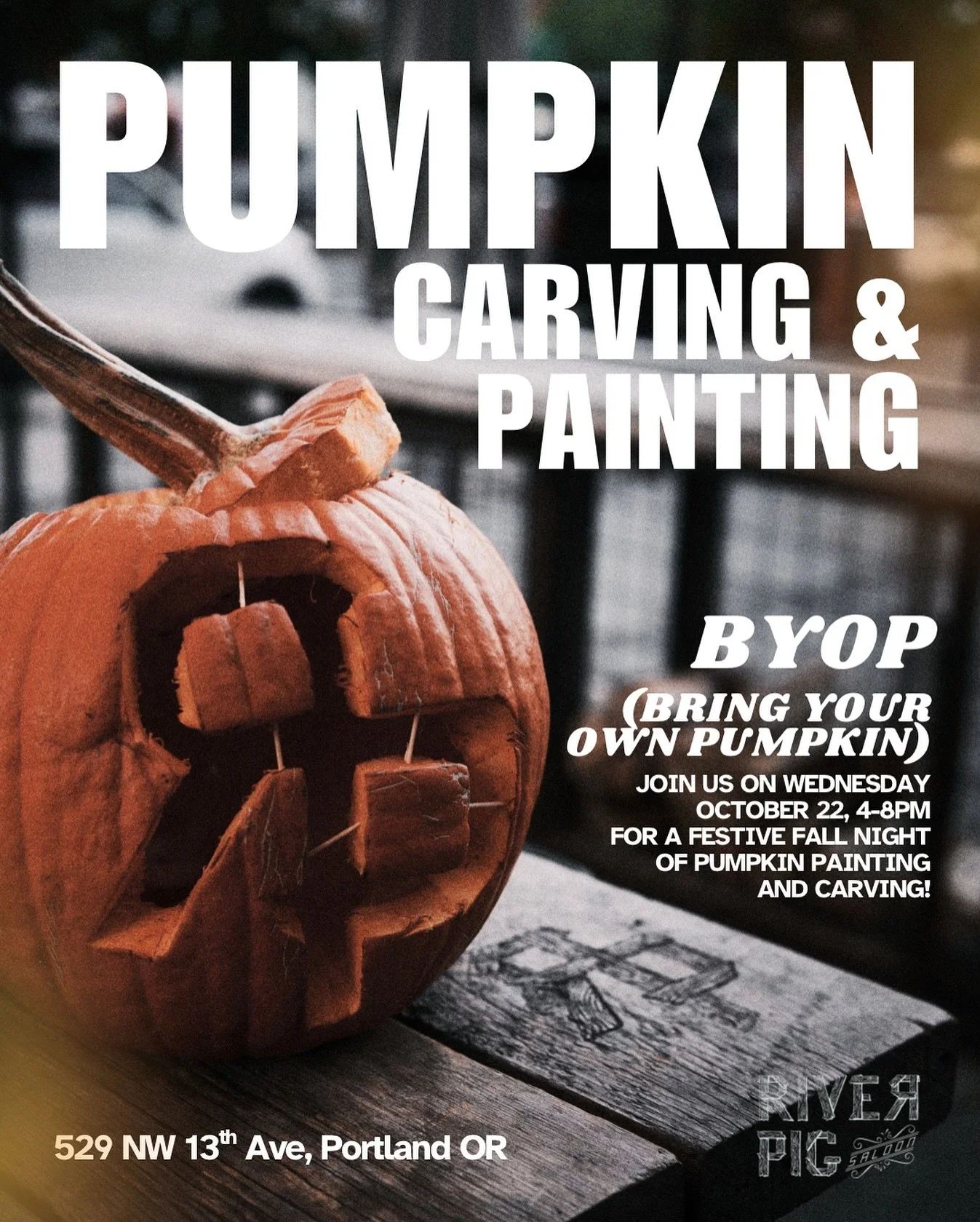 BYOP (bring your own pumpkin) and come carve, paint, and sip with the River Piggies 🎃
Wednesday October 22nd, 4-8pm
#pdxevents #pdxnow #portlandevents #pdxbars