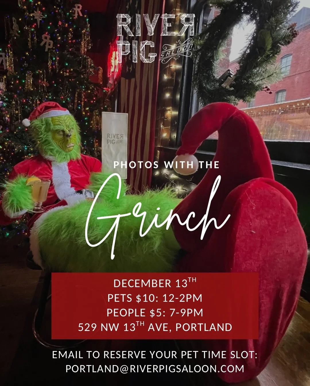 Santa saves Christmas&hellip; The Grinch saves the party 🎄

Take your not so wholesome Christmas card photos with The Grinch, then stay for our Naughty or Nice Christmas Party. 

Portland: Pets 12-2pm | People 7-9pm
Bend: 12-2pm
Dallas: 4-7pm

#theg
