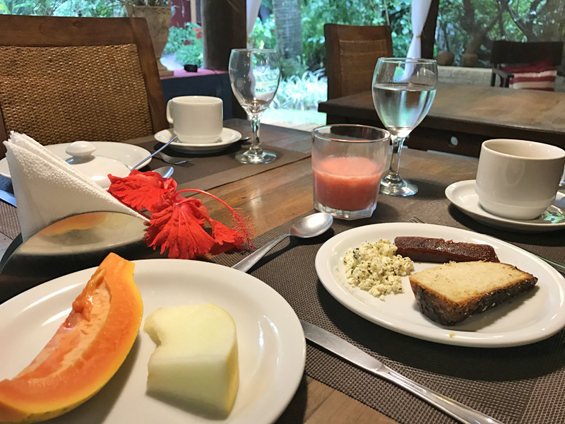 Aqui estão minhas escolhas: frutas, ricota com goiabada, suco e uma fatia de pão