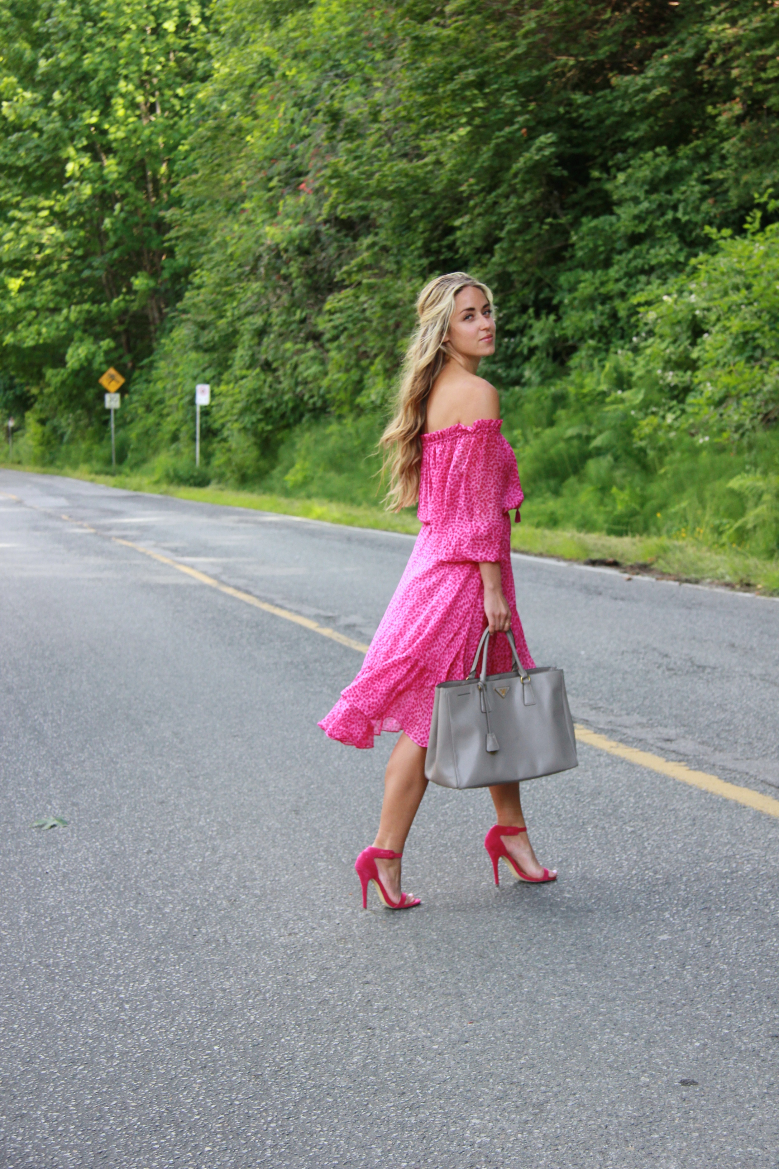 DVF Dress via Shopbop , Prada bag via Mine and Yours , Birks Ring & Bracelet , Hair styled with XO Styling Iron , Shoemint Sandals