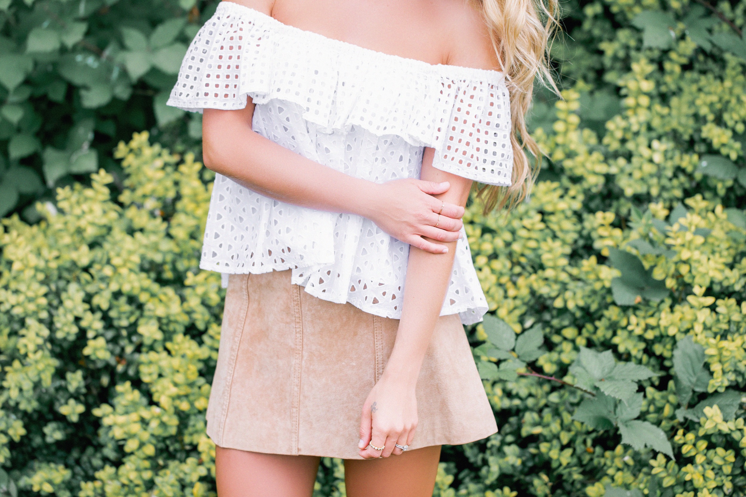 Photos by Jamie Lauren Photography Rebecca Minkoff Top, Coach Bag, H&M Skirt (similar here & here ), AFLA x Melanie Auld Eternity Stacking Ring , K Jacques Sandals