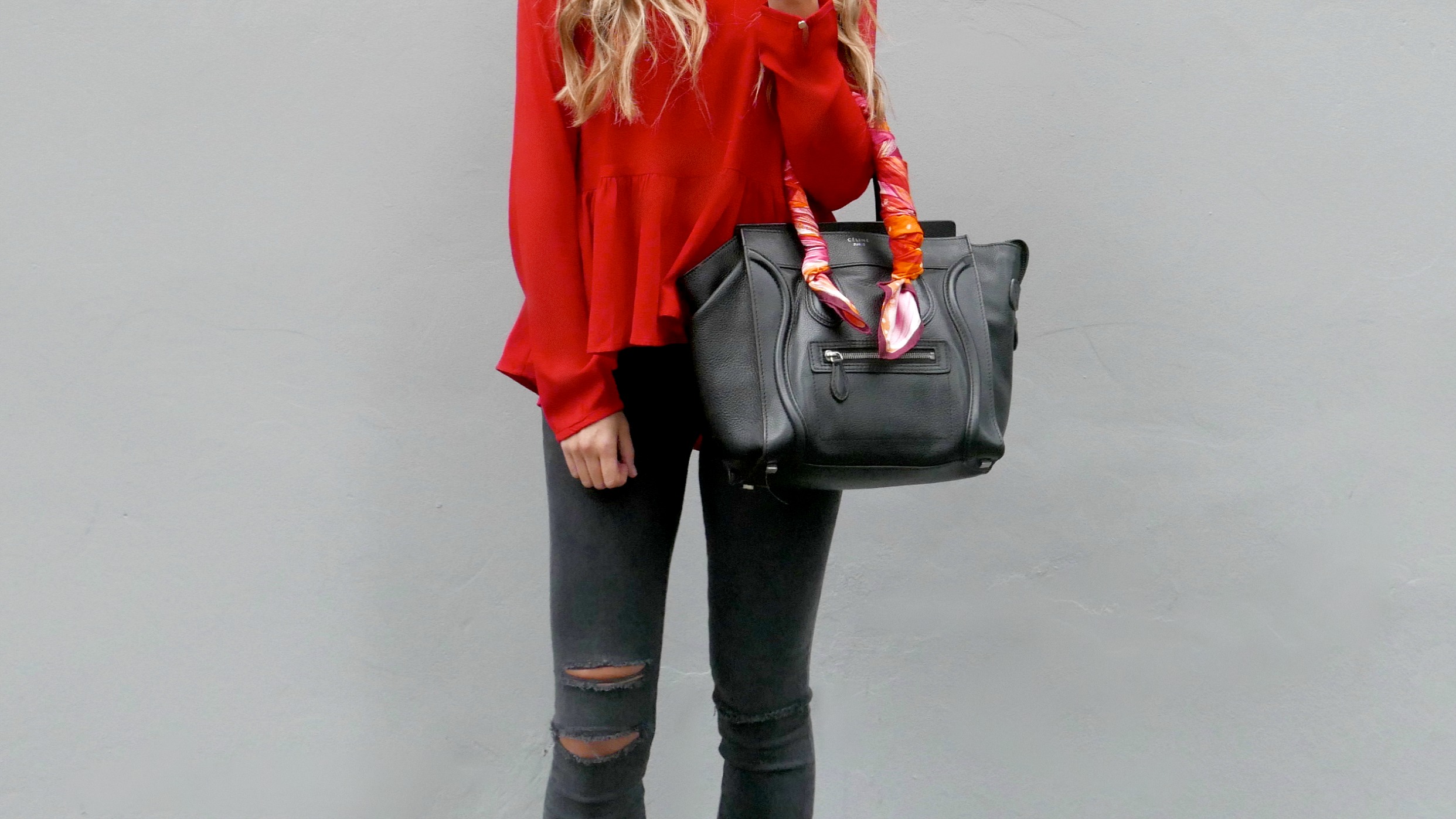 Jillian Harris for Priviledge Top , Tommy Hilfiger Jacket, J.Brand Jeans, Céline Bag, Hermes Scarf via Rice and Beans Vintage , Nine West Heels