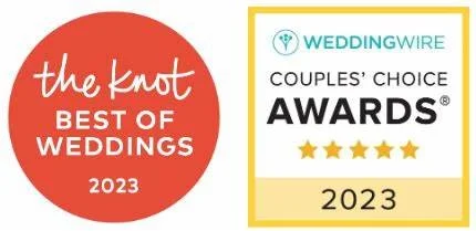 Award logos for 'The Knot Best of Weddings 2023' and 'WeddingWire Couples' Choice Awards 2023' with a red and yellow color scheme