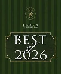 Oregon Wedding Day promotional graphic with the text 'Best of 2026' on a dark green striped background.