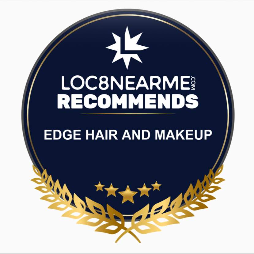 A circular badge with a dark blue background, gold border and laurel wreath, stating 'LOCBNEARME.COM RECOMMENDS EDGE HAIR AND MAKEUP' with a star graphic.