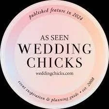 Logo for Wedding Chicks with pink and beige circle background, includes text about a feature in 2024 and website weddingchicks.com.
