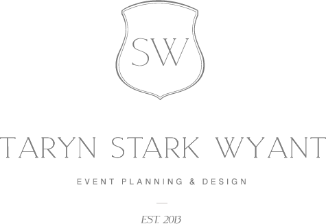 Logo for Taryn Stark Wyant, an event planning and design business established in 2013, featuring a shield emblem with the initials 'SW'.