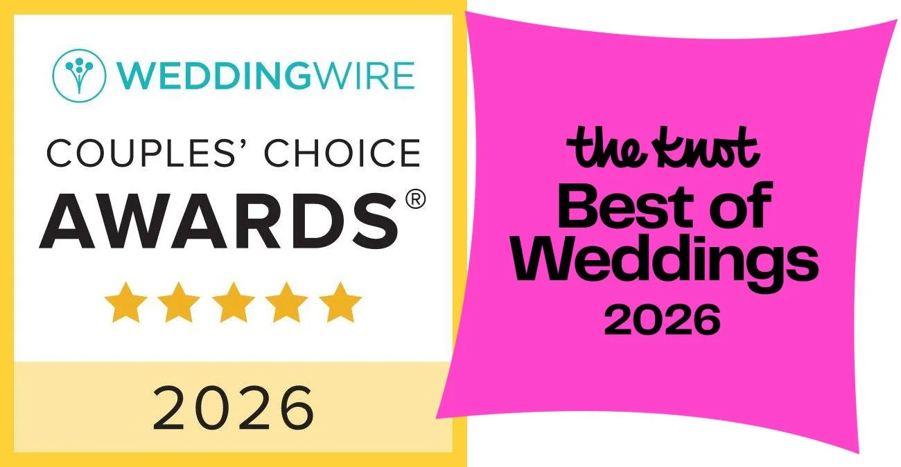Award graphic for WeddingWire Couples' Choice Awards 2026, with a pink banner stating "the knot Best of Weddings 2026."
