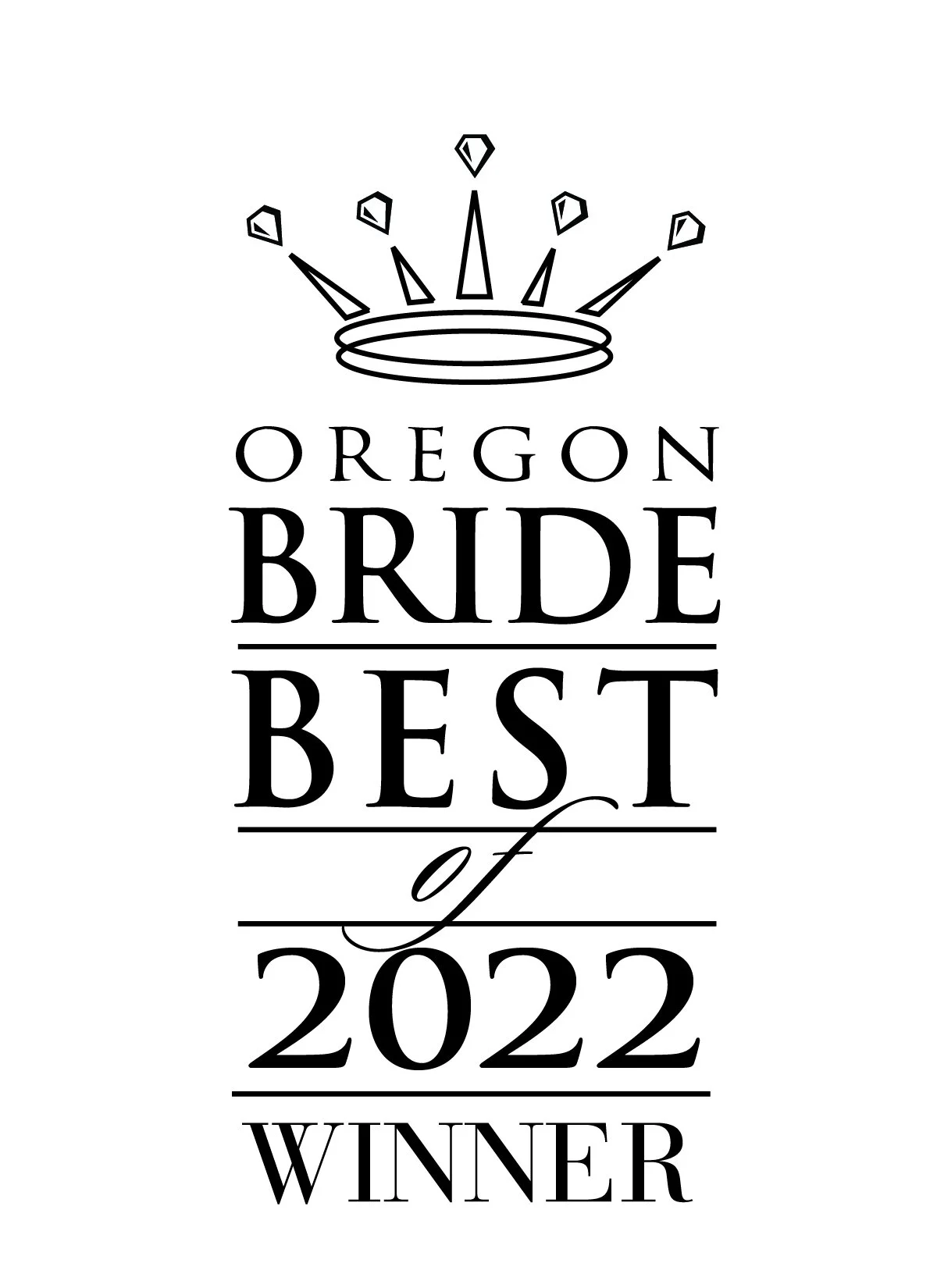 Black and white graphic of a crown with diamonds and the text 'Oregon Bride Best of 2022 Winner' in a decorative font.