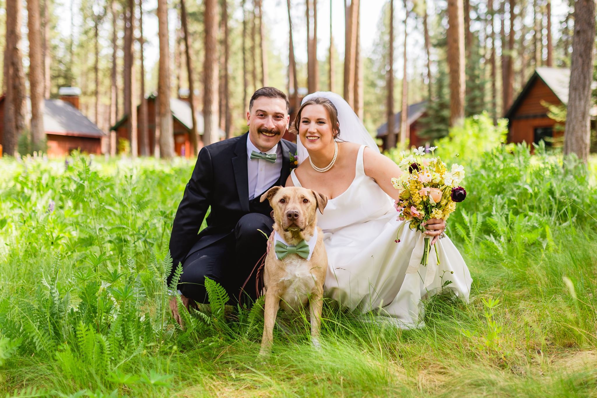 A smiling bride and groom in wedding attire sitting in a lush green forest, with a dog between them, and wooden cabins in the background.
