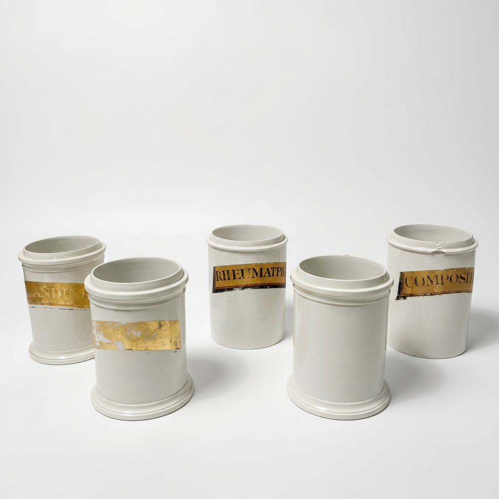 White porcelain antique apothecary jars.