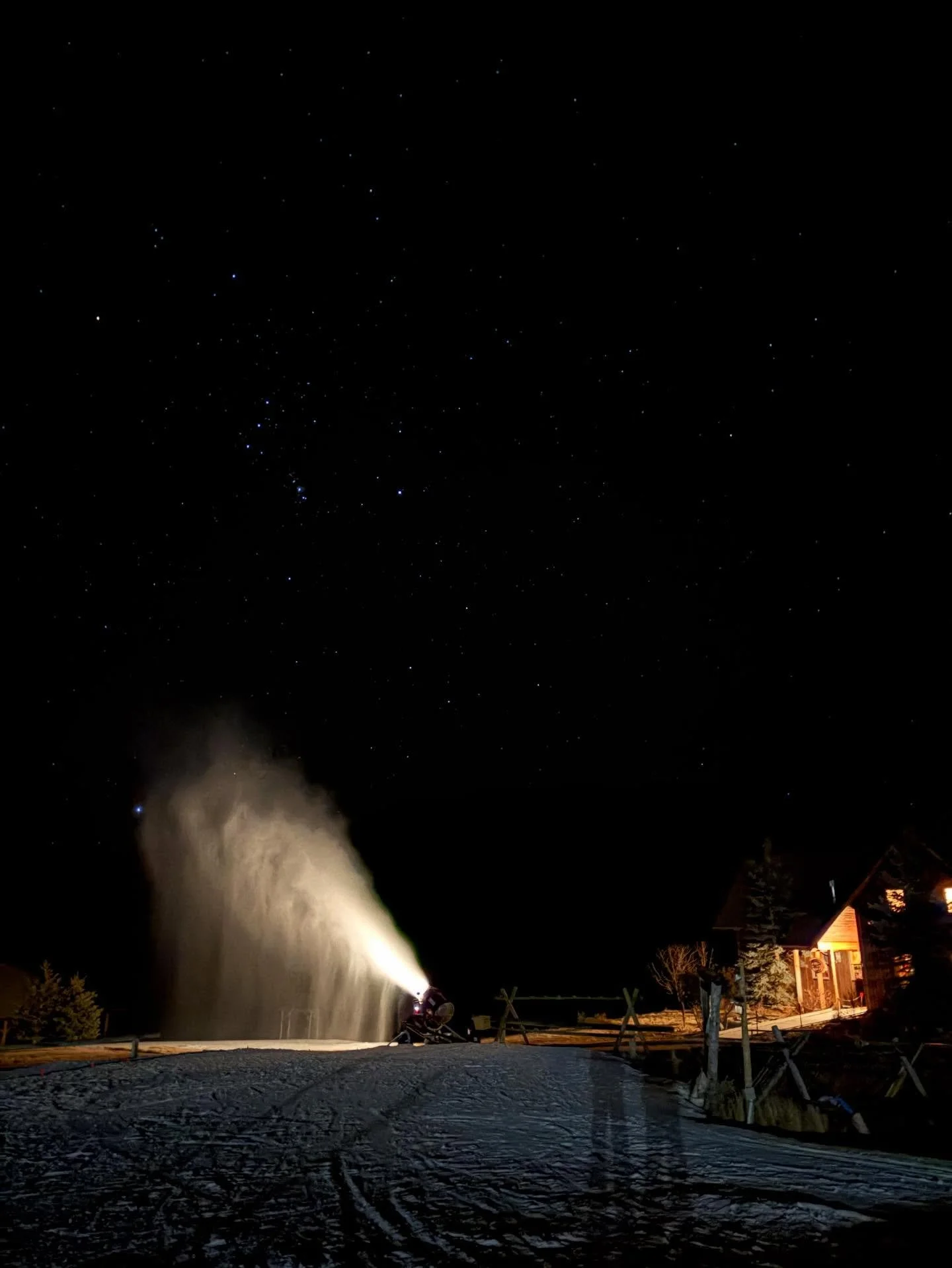 Orion overlooking our snowmaking efforts. We&rsquo;ll have Nordic Ski team Saturday morning on the manmade loop. The rest of the trails are closed, but we can offer beginner lessons on the learn to ski hill. Soups and crepes in the Lodge this weekend