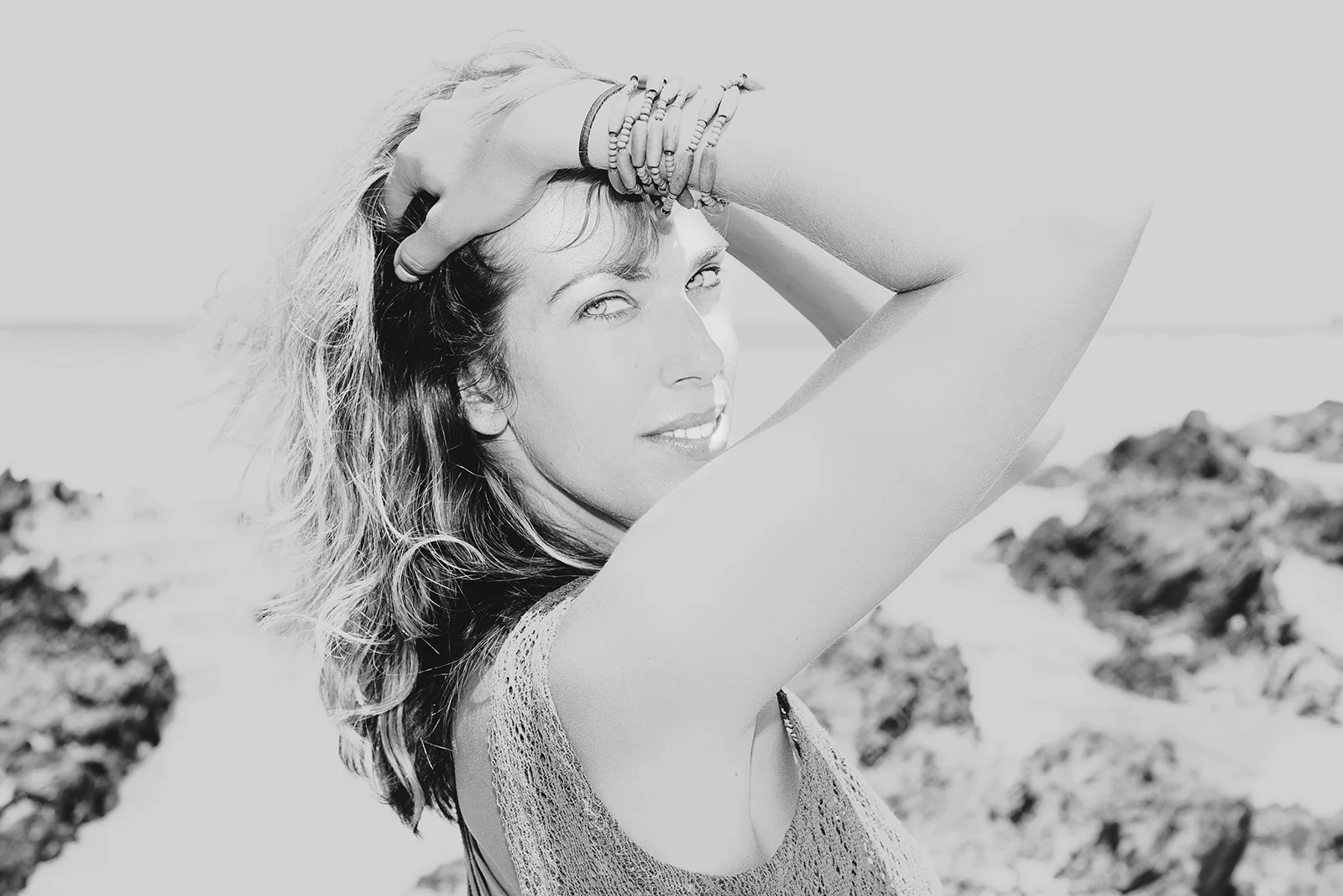 Natural Arty Adelaide Beach Fashion Portrait Close Up Black and White.jpg