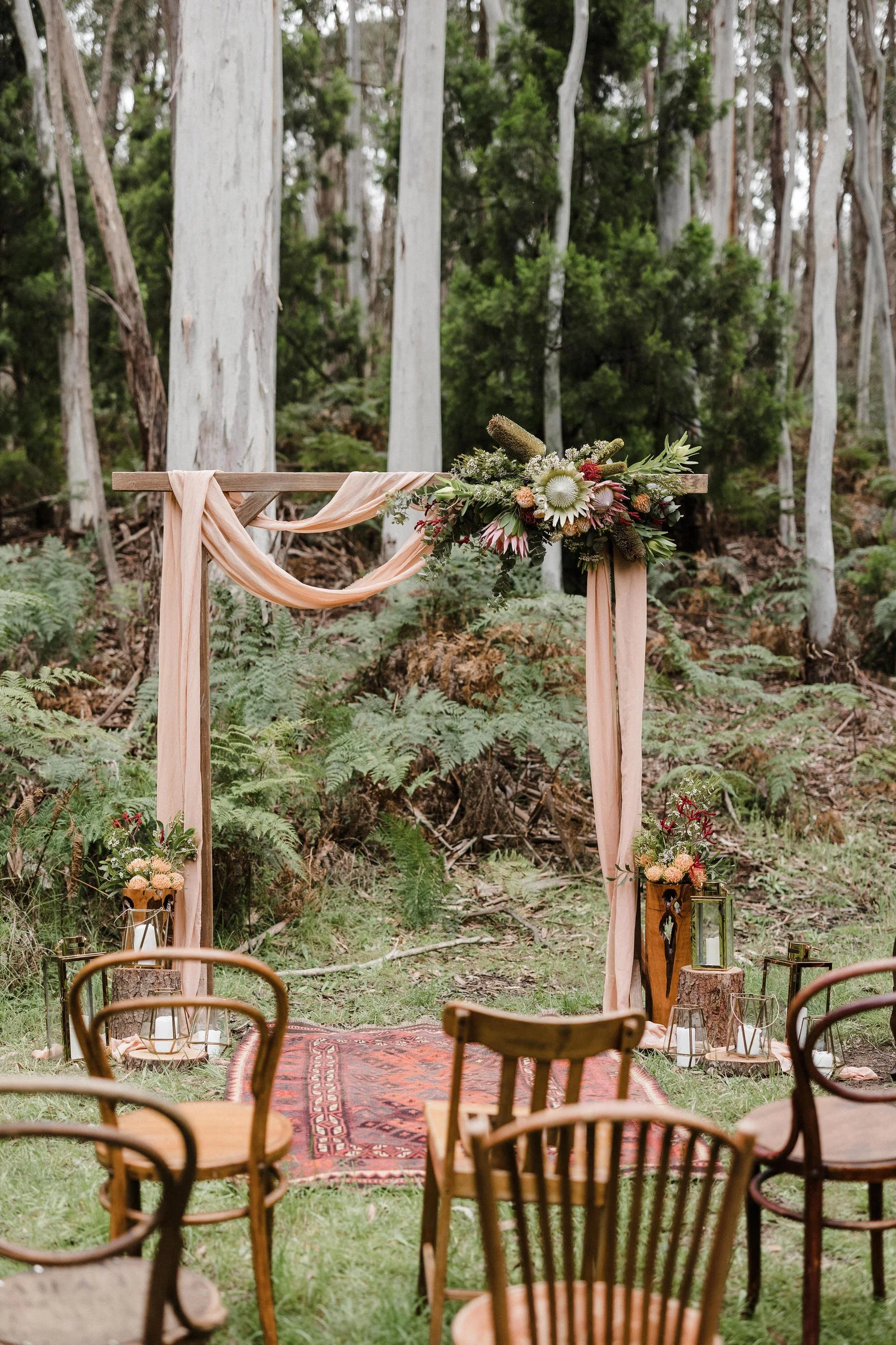 Intimate Forest Wedding - Sinclairs Gully Winery 02 - soft pink wedding arbor native florals.jpg