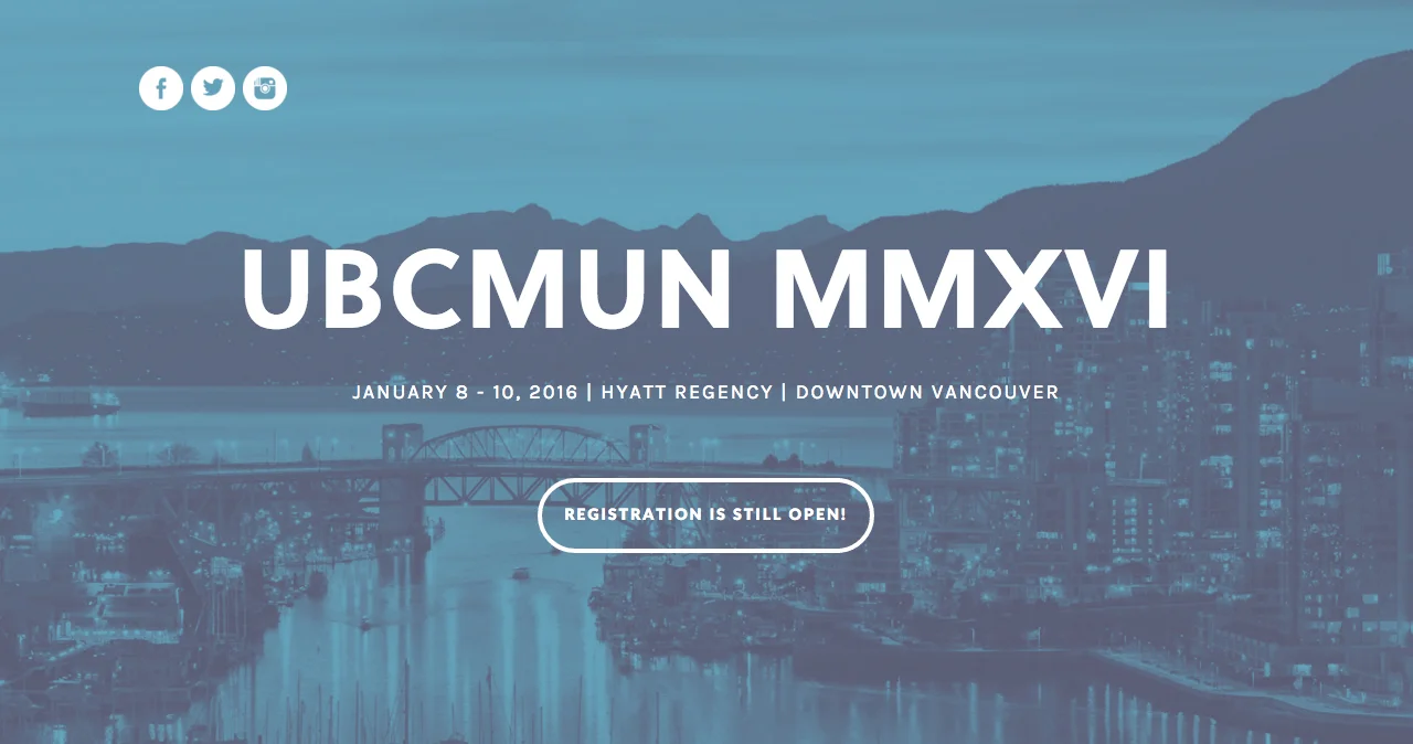 Conference webpage for UBCMUN MMXVI, January 8-10, 2016, at Hyatt Regency in Downtown Vancouver, with city skyline background and social media icons.