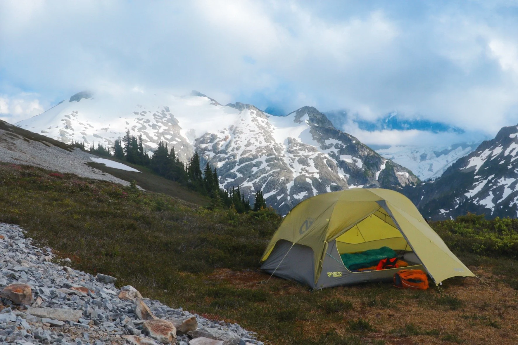 A tent pitched at Hannegan Peak overlooking Ruth Mountain.