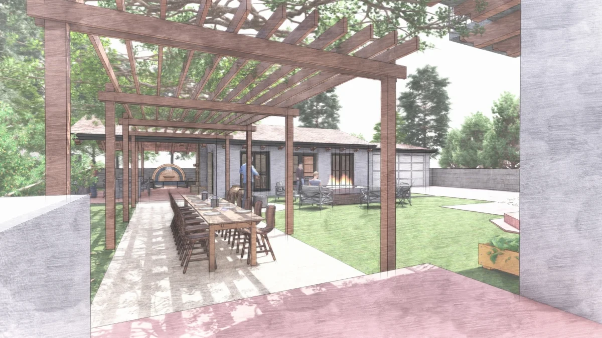 Sketch Rendering: Loose, textured and aged. We’re taking you on the path from a historic home to accessory dwelling unit (ADU) in the back. Design seeped in the Spanish Colonial Revival of the 1920s.