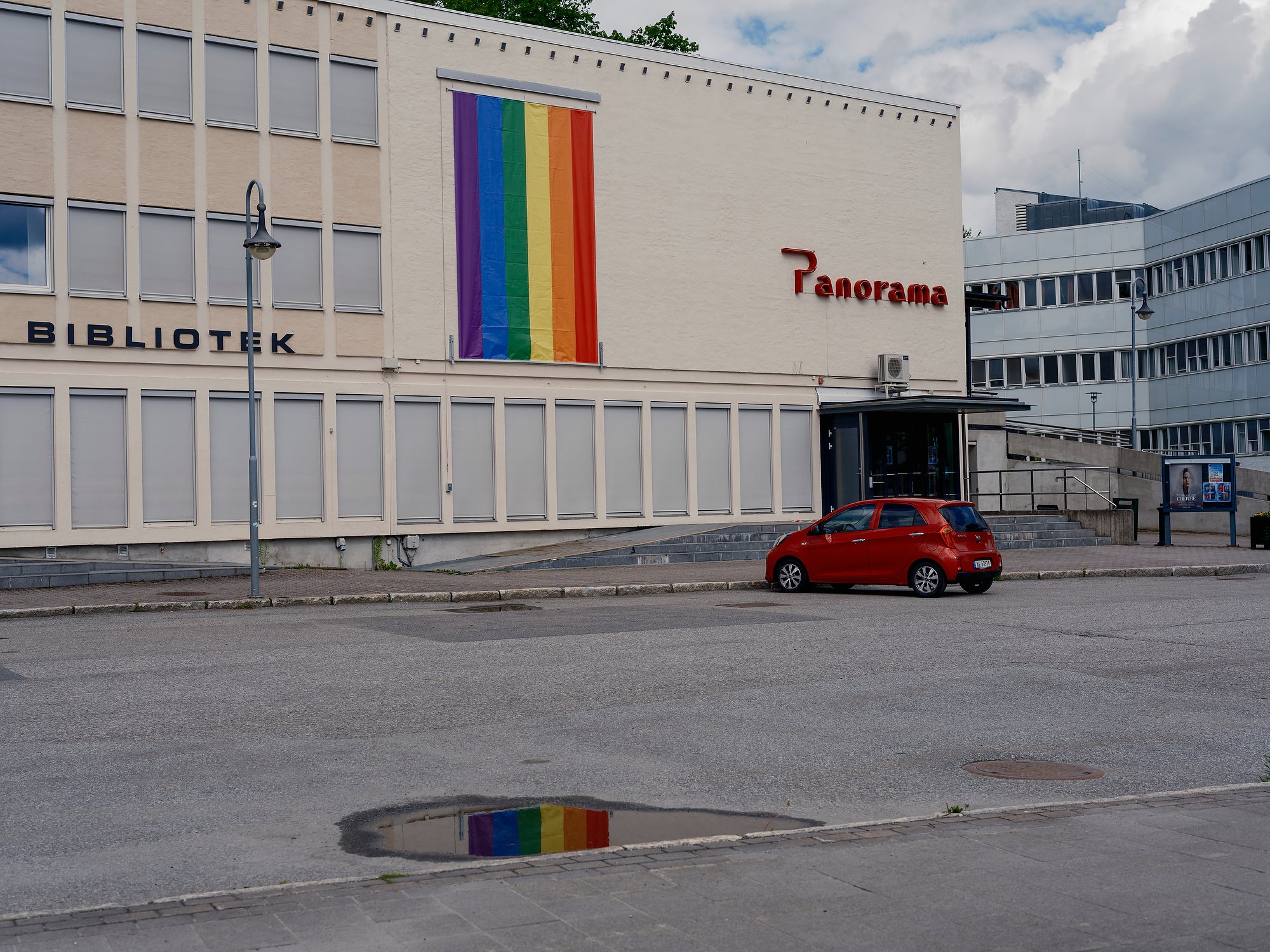   A Pride flag hangs on the municipal building in Eidsvoll, June 2026.  
