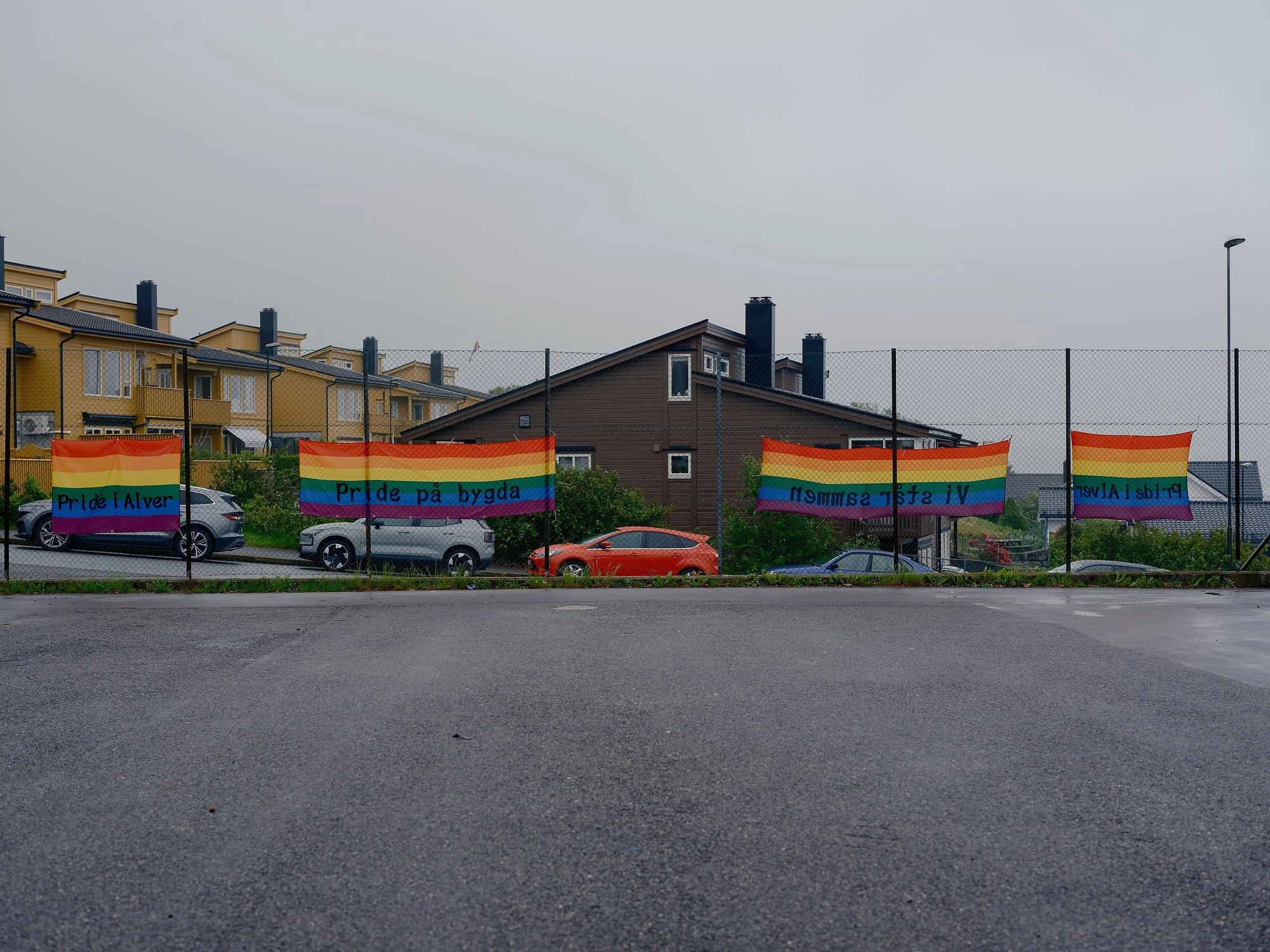   Rainbow decorations outside Meland secondary school in Alver, June 2026.  