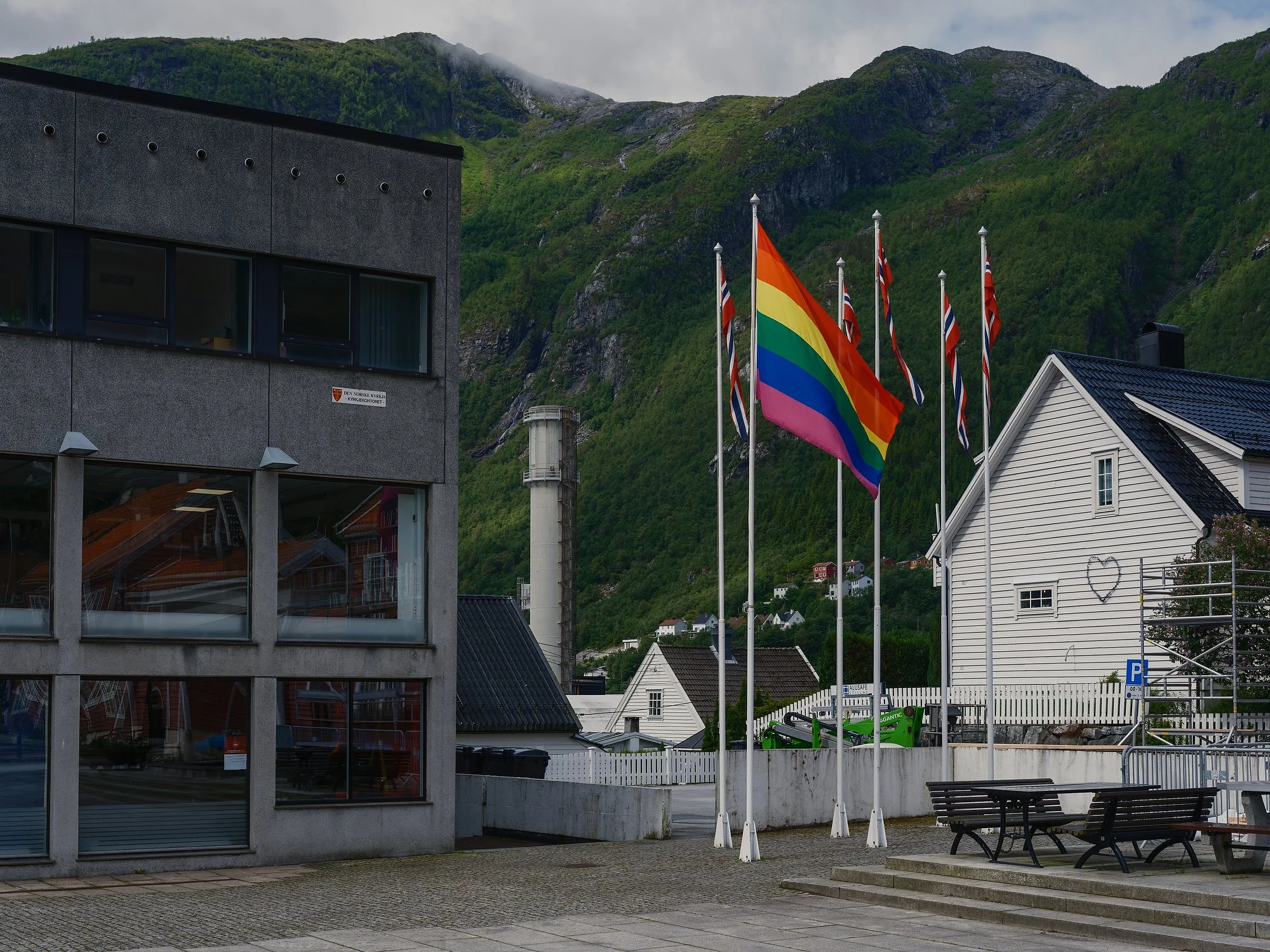   A pride flag at the main square in Høyanger, June 2026.  