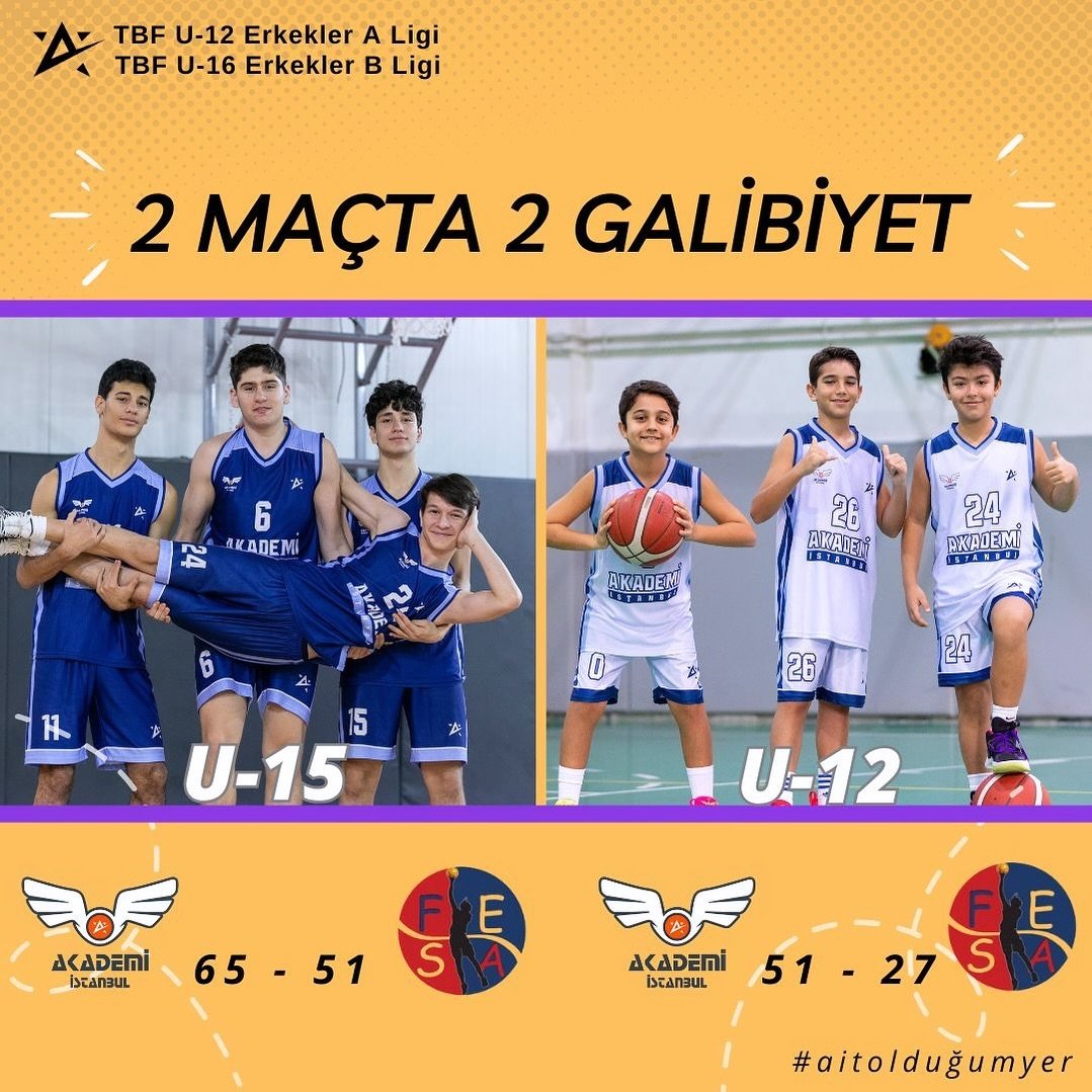 U12 ve U15 TAKIMLARIMIZDAN &Ccedil;İFTE GALİBİYET.!
U12 A Ligi m&uuml;sabakasında FESA SK ile karşılaşan 2012 jenerasyonu takımımız, baştan sona &ouml;nde g&ouml;t&uuml;rd&uuml;ğ&uuml; ma&ccedil;tan 51-27 galip ayrıldı ve ligde oynadığı 5.ma&ccedil;ı