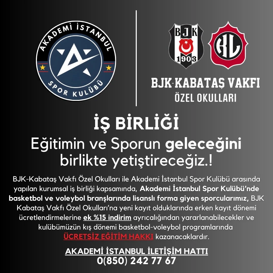 EĞİTİMİN ve SPORUN GELECEĞİNİ BİRLİKTE YETİŞTİRECEĞİZ.!  Sizlere, kul&uuml;b&uuml;m&uuml;z ile Bjk Kabataş Vakfı &Ouml;zel Okulları arasında imzalanan protokol ile sporcularımıza &ouml;zel indirimler ve ayrıcalıklar sağlanacağını duyurmaktan mutluluk