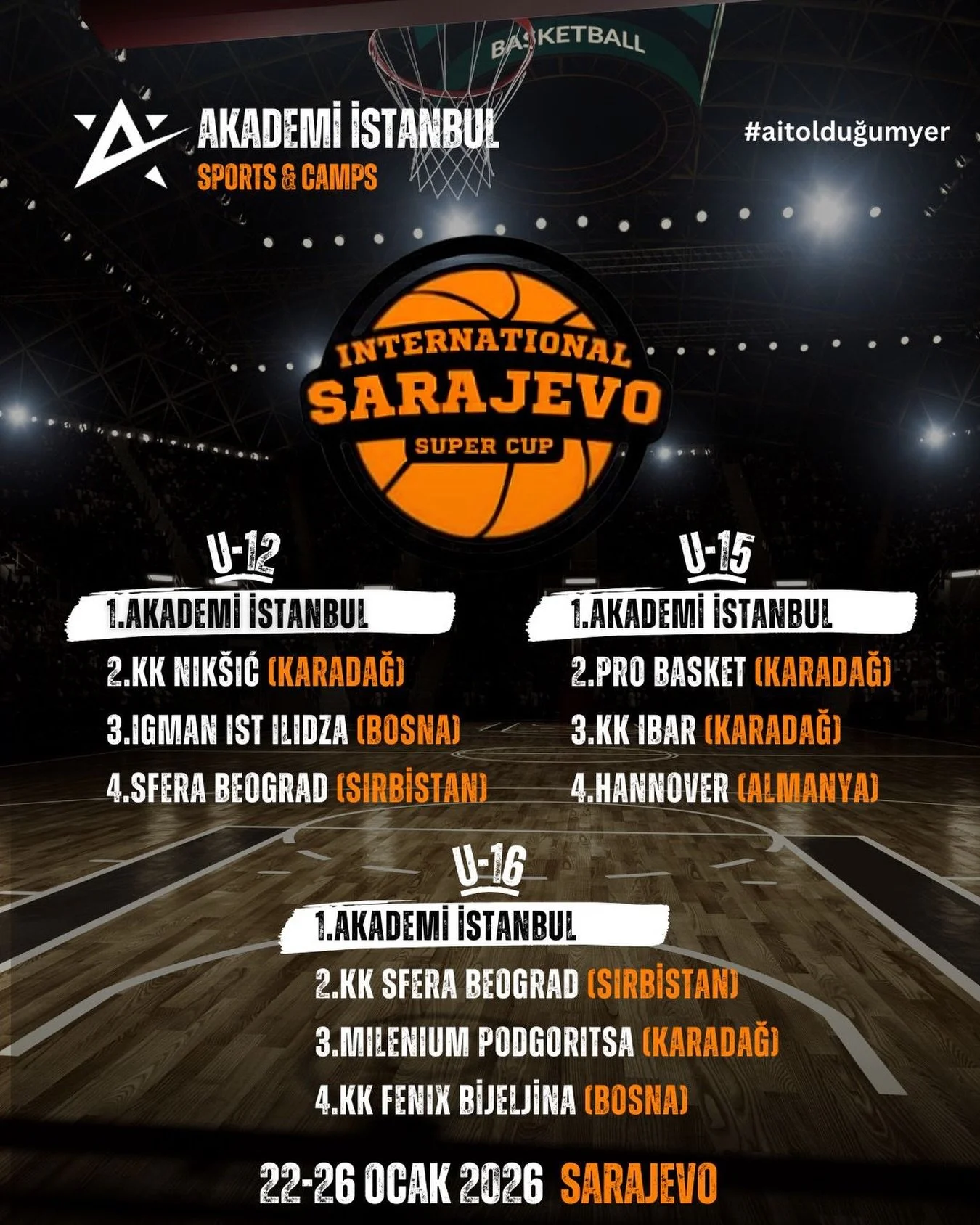 U12-U15 ve U16 takımlarımız, 22-26 Ocak tarihleri arasında, Bosna Hersek'in başkenti Saraybosna&rsquo;da ger&ccedil;ekleştirilecek olan "International Sarajevo Super Cup" basketbol turnuvasında &uuml;lkemizi ve kul&uuml;b&uuml;m&uuml;z&uuml