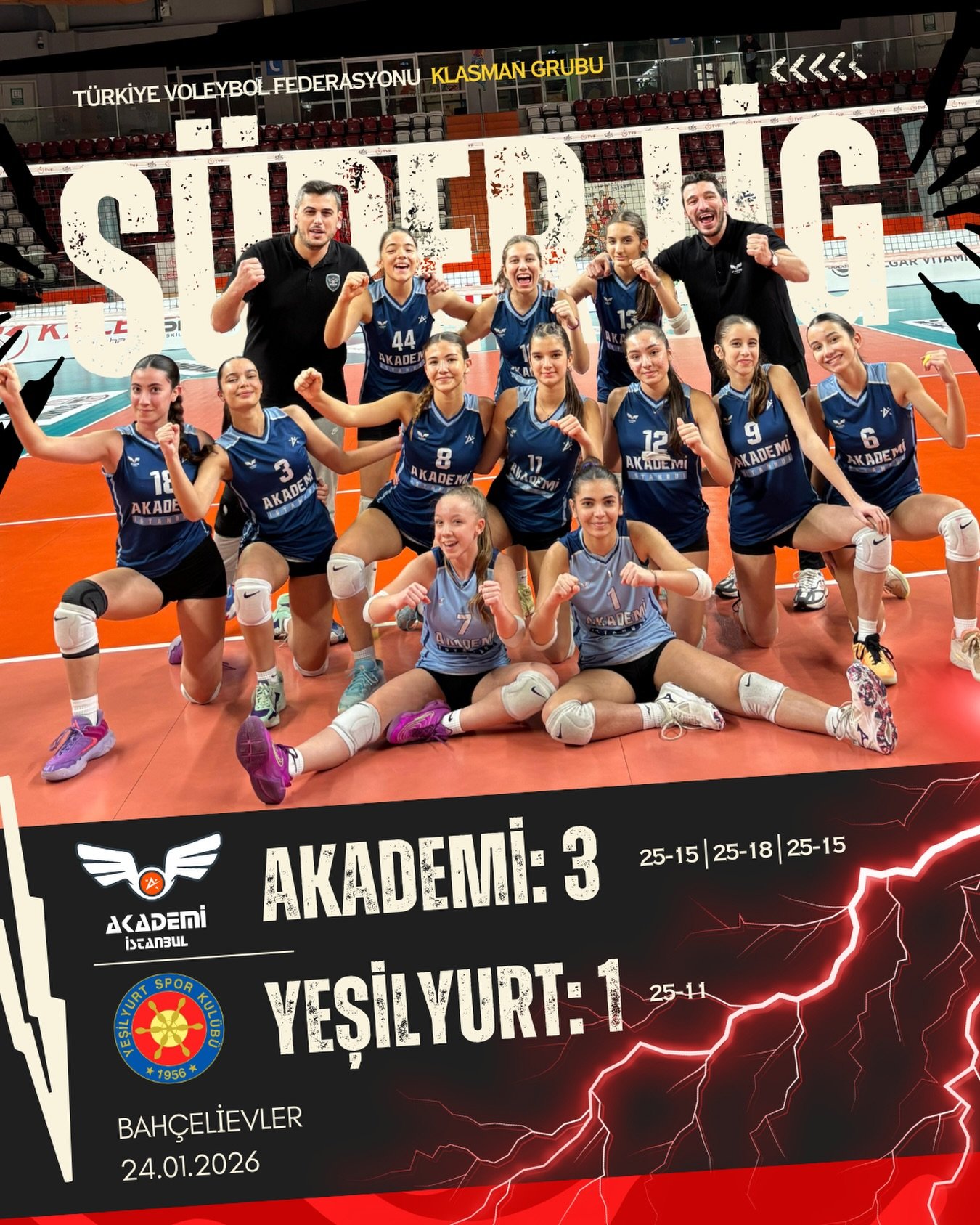 VOLEYBOL K&Uuml;&Ccedil;&Uuml;K TAKIMIMIZ S&Uuml;PER LİG KLASMAN GRUBUNA GALİBİYETLE BAŞLADI.!

K&uuml;&ccedil;&uuml;k Kızlar S&uuml;per Lig Klasman Grubu ilk ma&ccedil;ında Bah&ccedil;elievler Şehit Mustafa &Ouml;zel Spor Salonu&rsquo;nda Yeşilyurt 