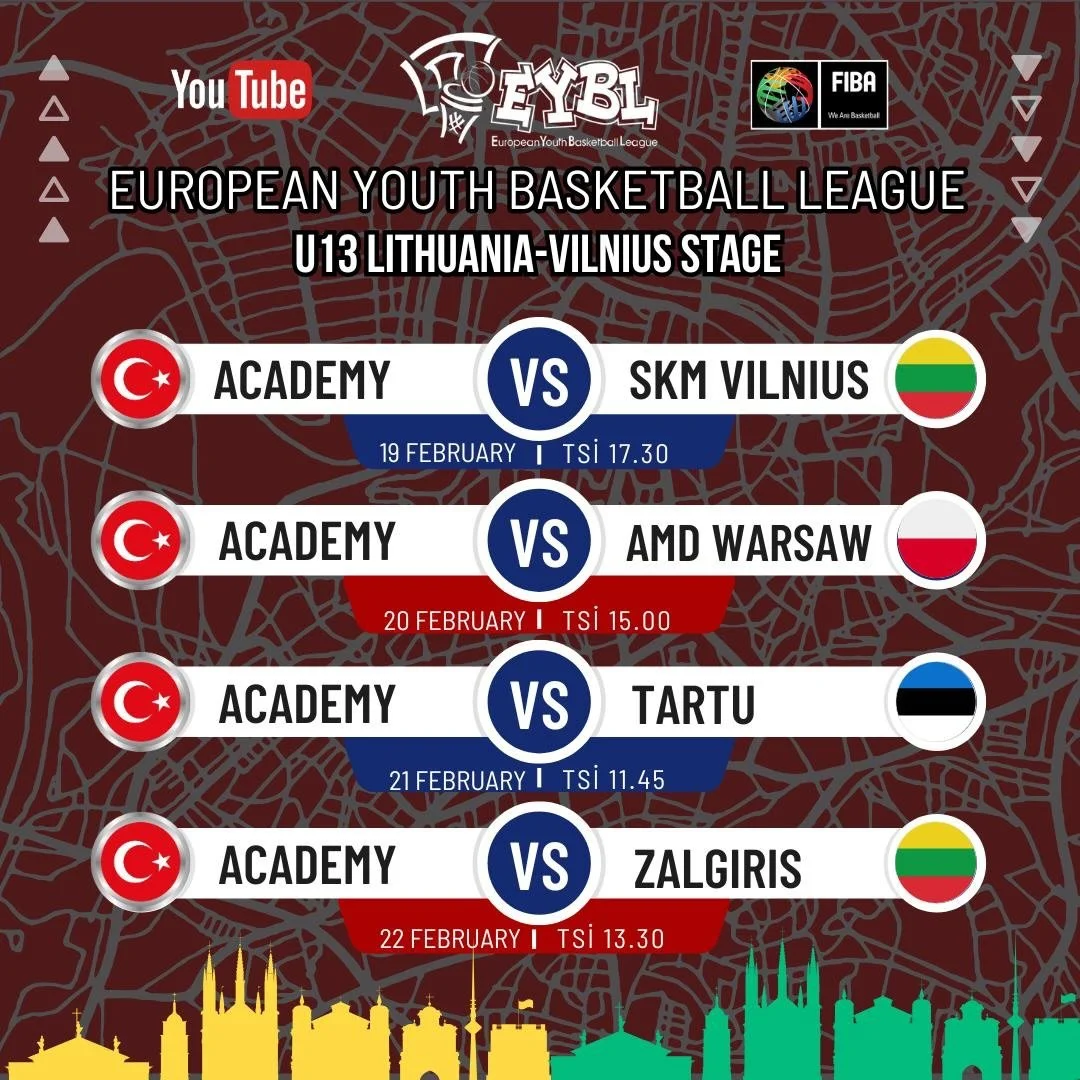 FIBA onaylı Avrupa Altyapı Basketbol Ligi&rsquo;nde (@eybl_official ) U-13 kategorisinde &uuml;lkemizi temsil eden 2013 jenerasyonu takımımız, 18 Şubat Perşembe g&uuml;n&uuml; başlayacak olan EYBL ikinci etap ma&ccedil;ları i&ccedil;in &ccedil;arşamb