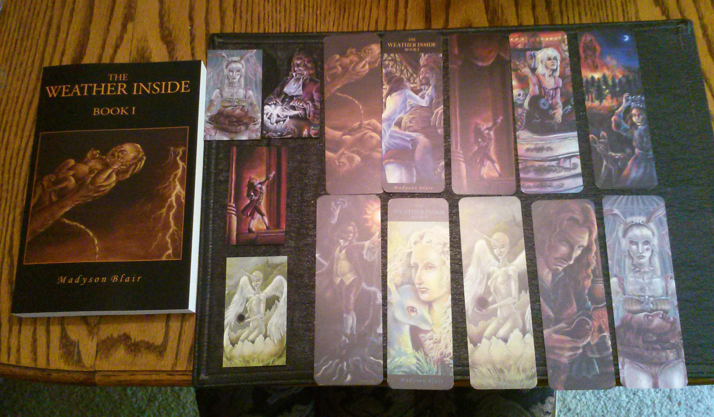 My book and each of the available magnet/bookmark designs! (Magnets are the smaller ones toward the left.)