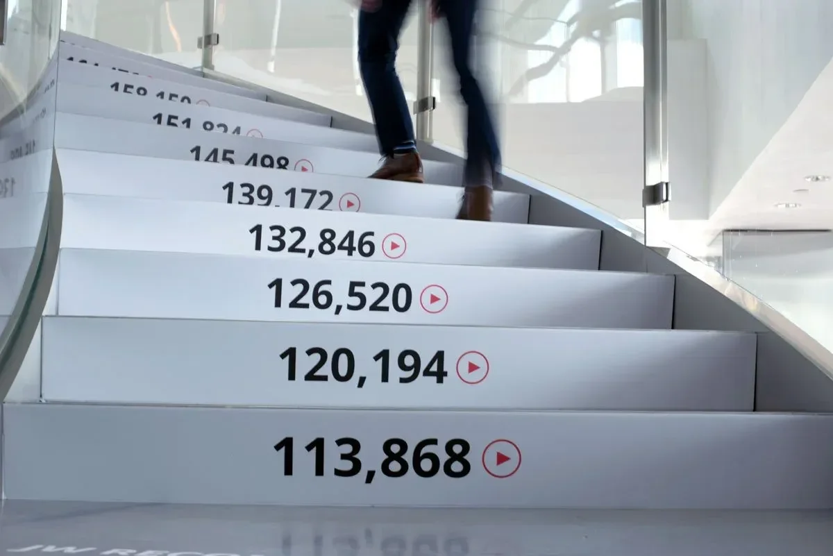 Increasing numbers to visualize how many videos are watched globally in the time it takes to walk up the steps