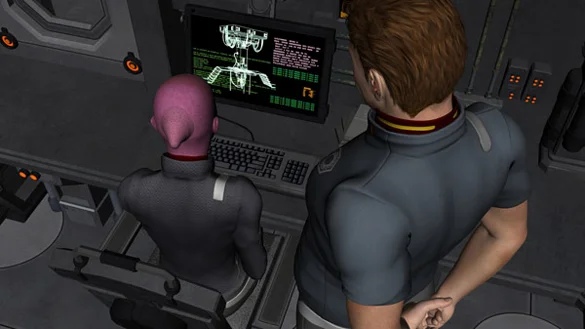 Blake looking over a Shinji's shoulder in Security Monitoring