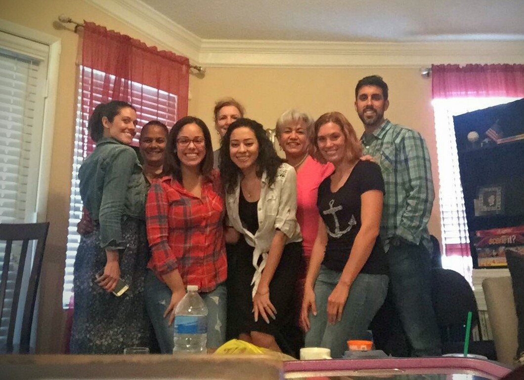 Complete picture of the 'Sisterhood of the Traveling Sphinx', featuring from left to right: Kristen, Diana, Zabrina, Janet, Olivia (honorary sister and Arabic instructor), Sonly, Angela, and Philip (a brother amongst the sisters). 