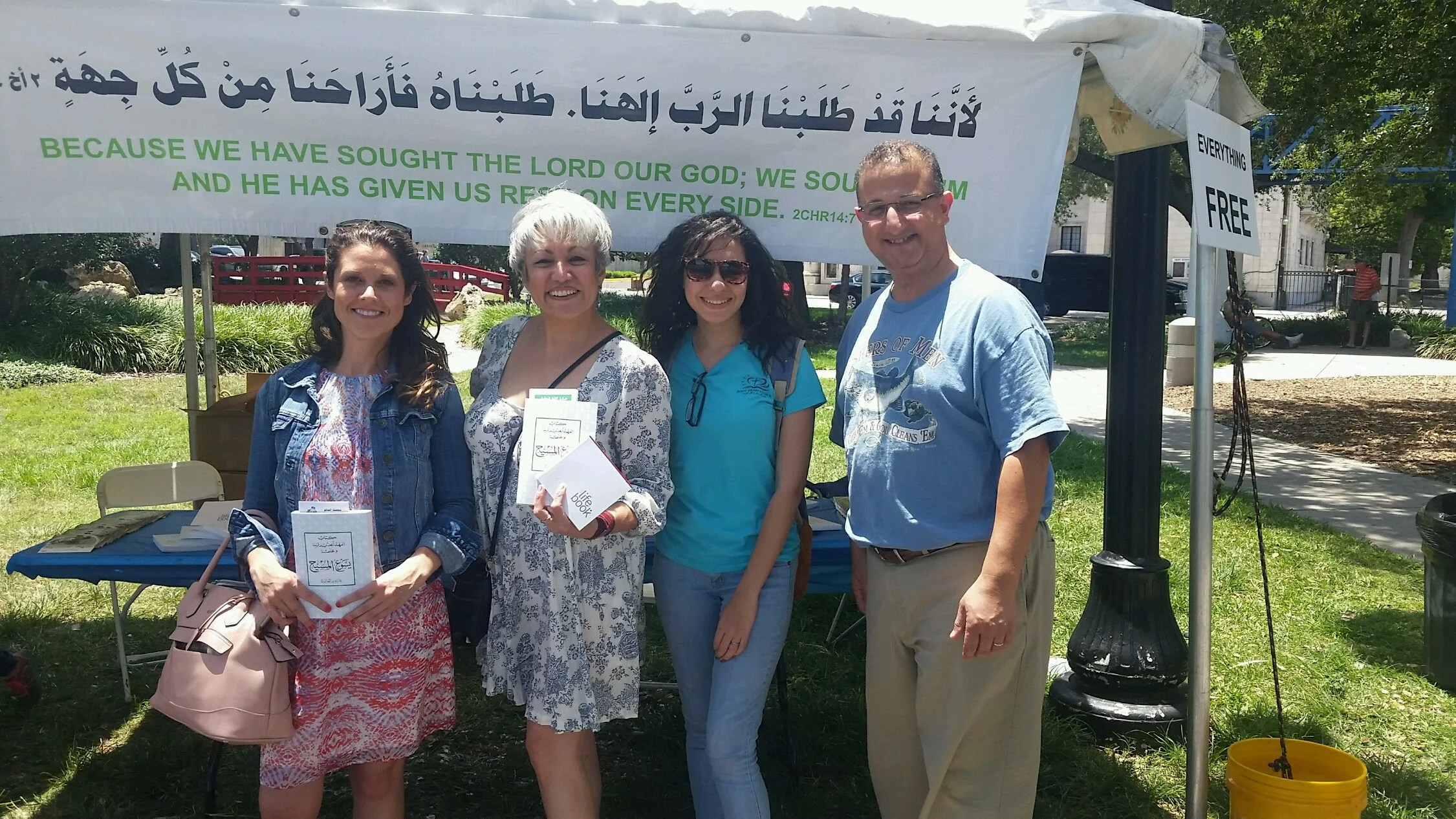 Kristen and Sonly holding Arabic New Testaments. Olivia, member of Jesus' Heart church and official Arabic instructor of Team Egypt. Shokran gidden!