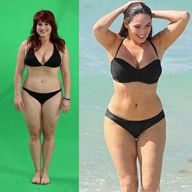 Links: me, op een shoot voor het Kyalin spotje (ik woog toen 72kg, net zoals nu). Rechts: de vrouw met het 'perfecte lichaam' Kelly Brook. 