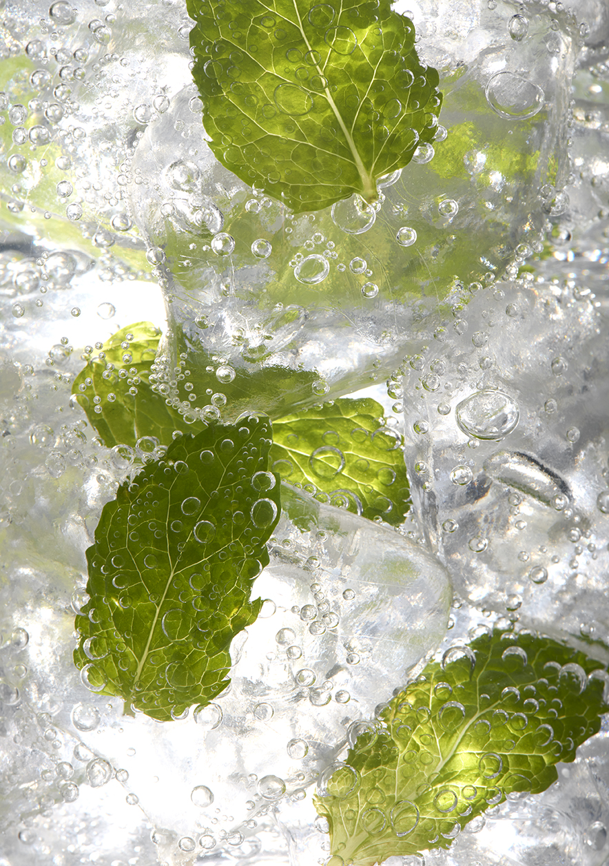 Close up of mint leaves and ice in Minted Gin Fizz